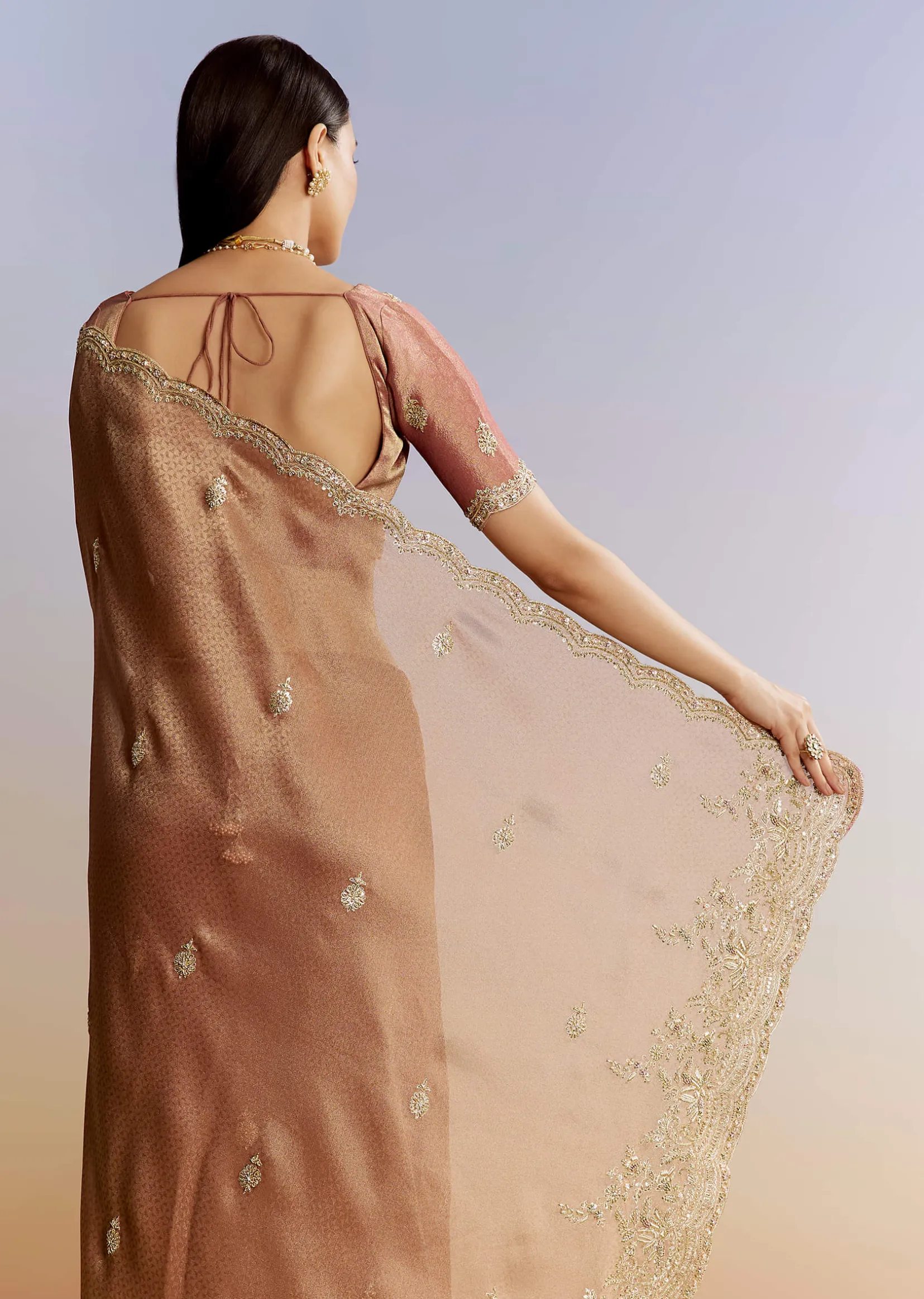 Rust Orange Tissue Saree With Zardosi Beads And Sequins Embroidery