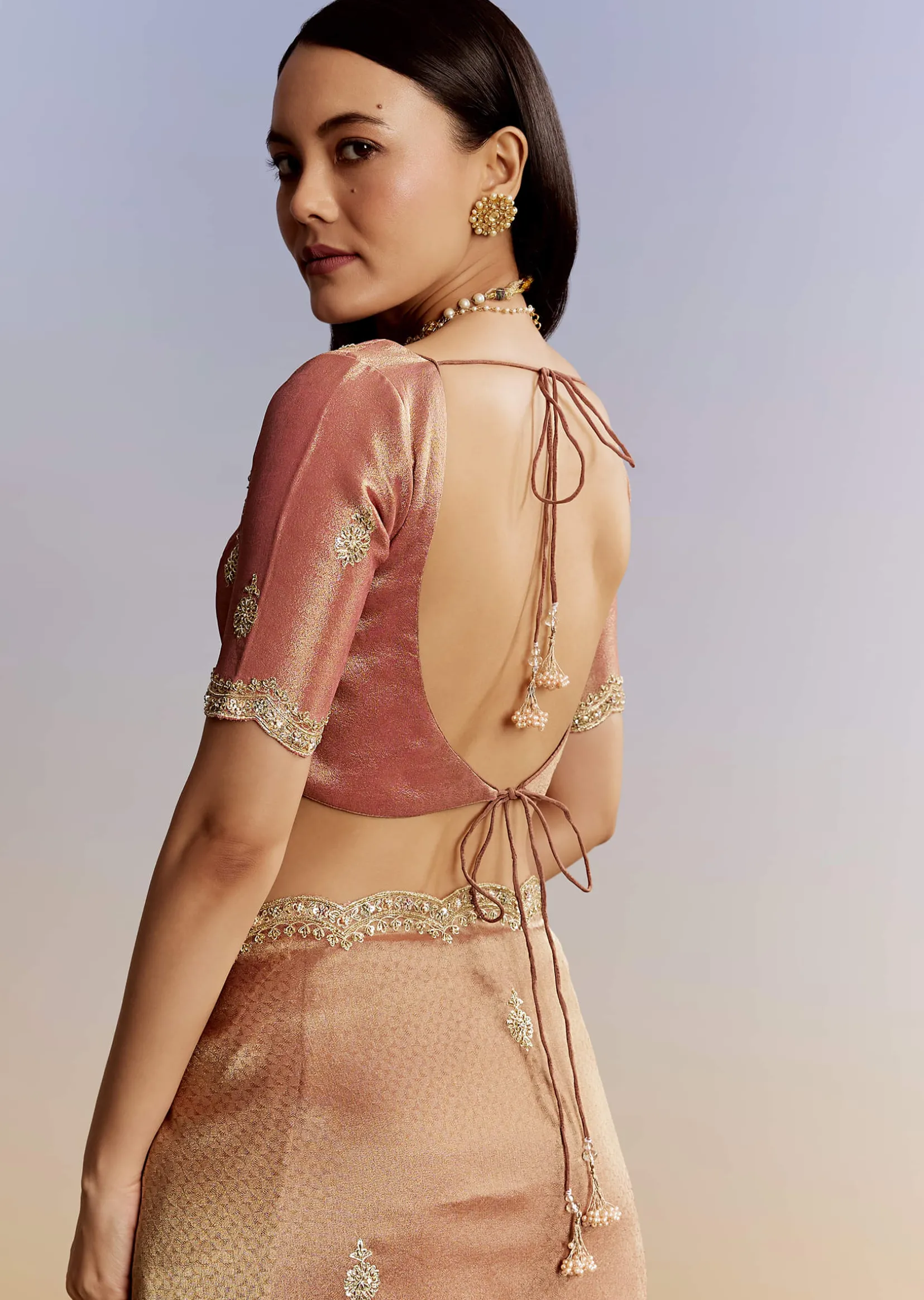 Rust Orange Tissue Saree With Zardosi Beads And Sequins Embroidery