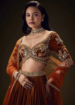 Rust Orange Velvet Lehenga With Embellished Cross Body Blouse and Dupatta