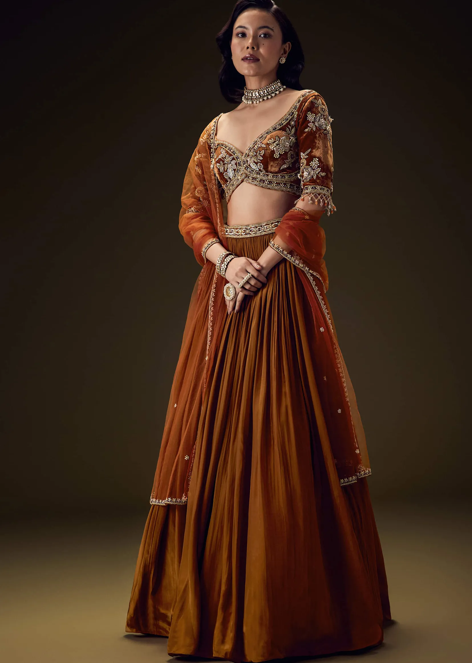 Rust Orange Velvet Lehenga With Embellished Cross Body Blouse and Dupatta