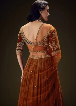 Rust Orange Velvet Lehenga With Embellished Cross Body Blouse and Dupatta