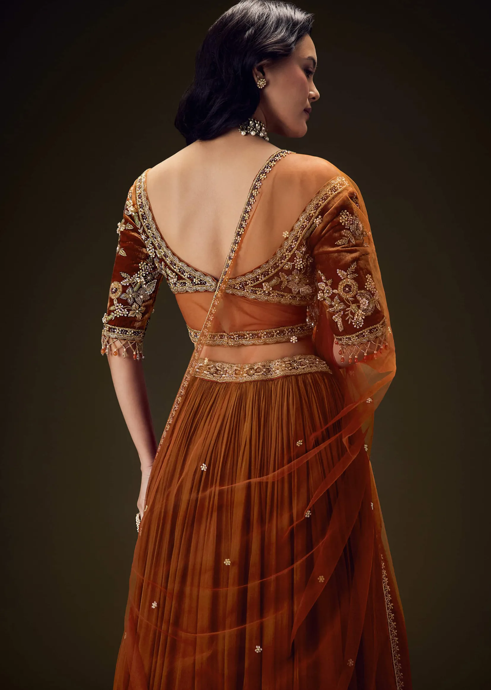 Rust Orange Velvet Lehenga With Embellished Cross Body Blouse and Dupatta