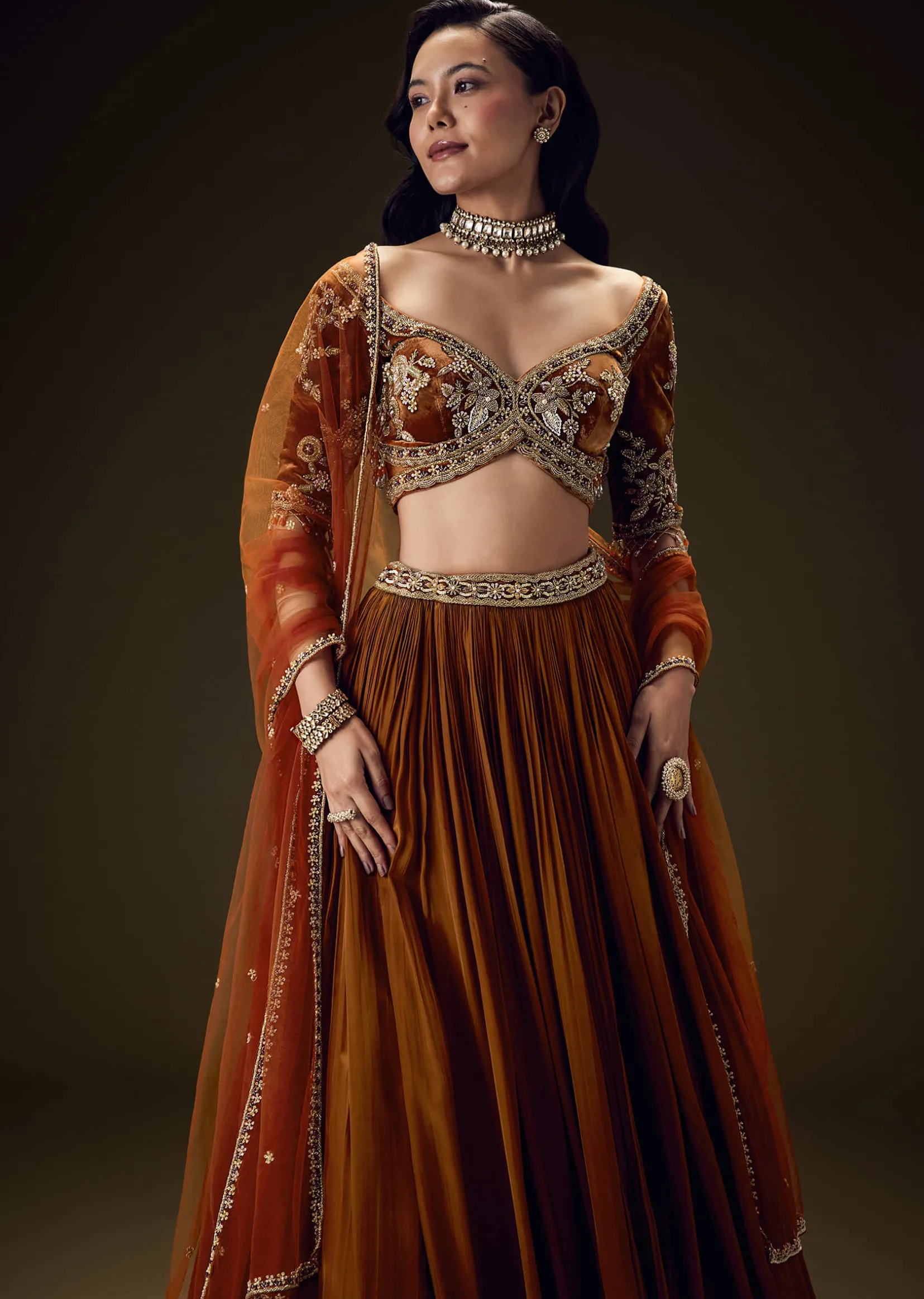 Rust Orange Velvet Lehenga With Embellished Cross Body Blouse and Dupatta