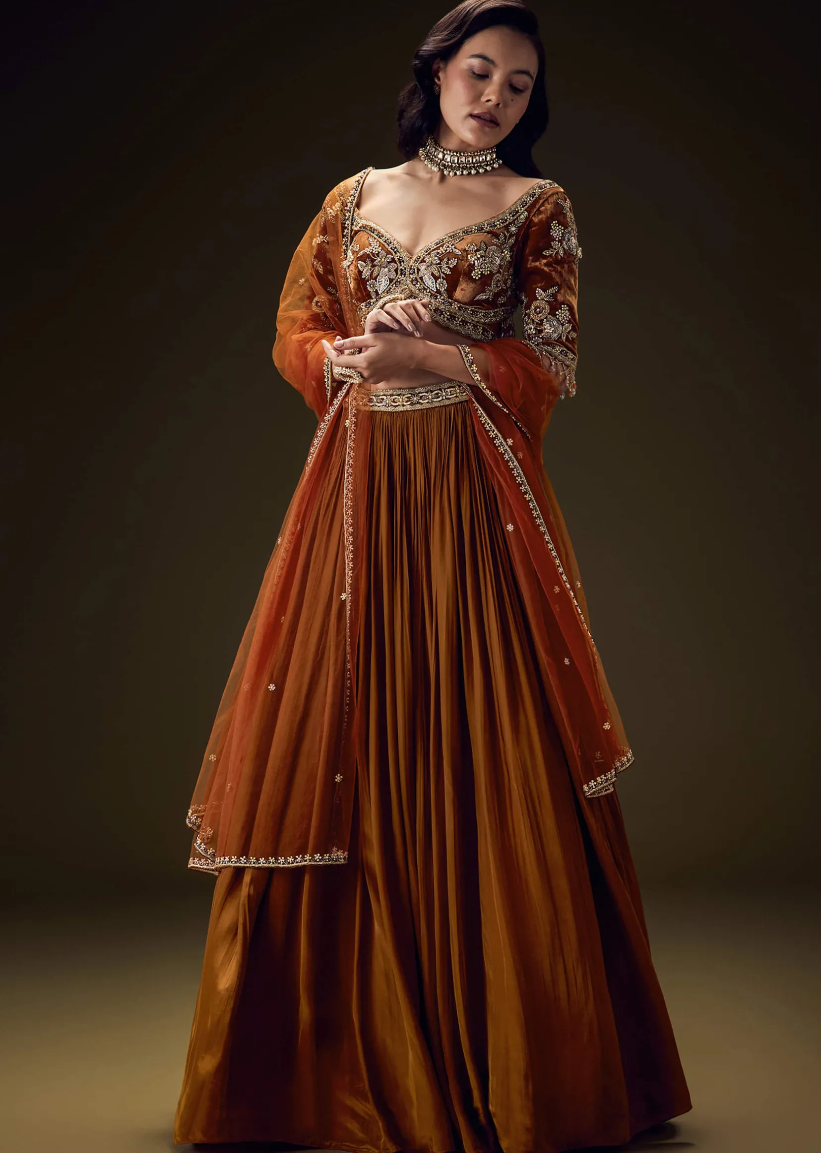 Rust Orange Velvet Lehenga With Embellished Cross Body Blouse and Dupatta