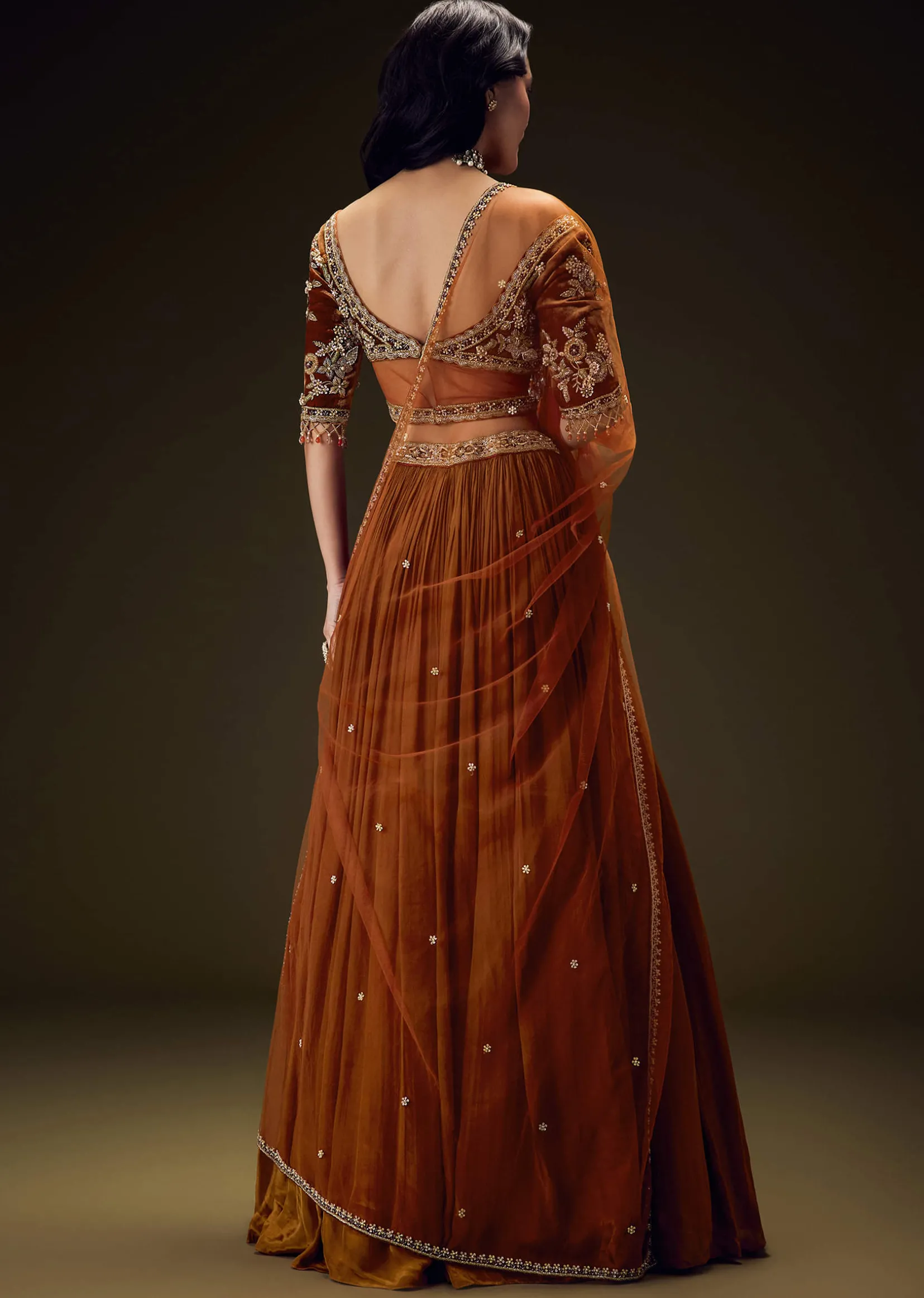 Rust Orange Velvet Lehenga With Embellished Cross Body Blouse and Dupatta