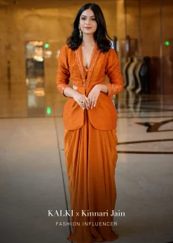 Rust Organza Jacket With Bustier And Draped Skirt