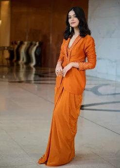 Rust Organza Jacket With Bustier And Draped Skirt