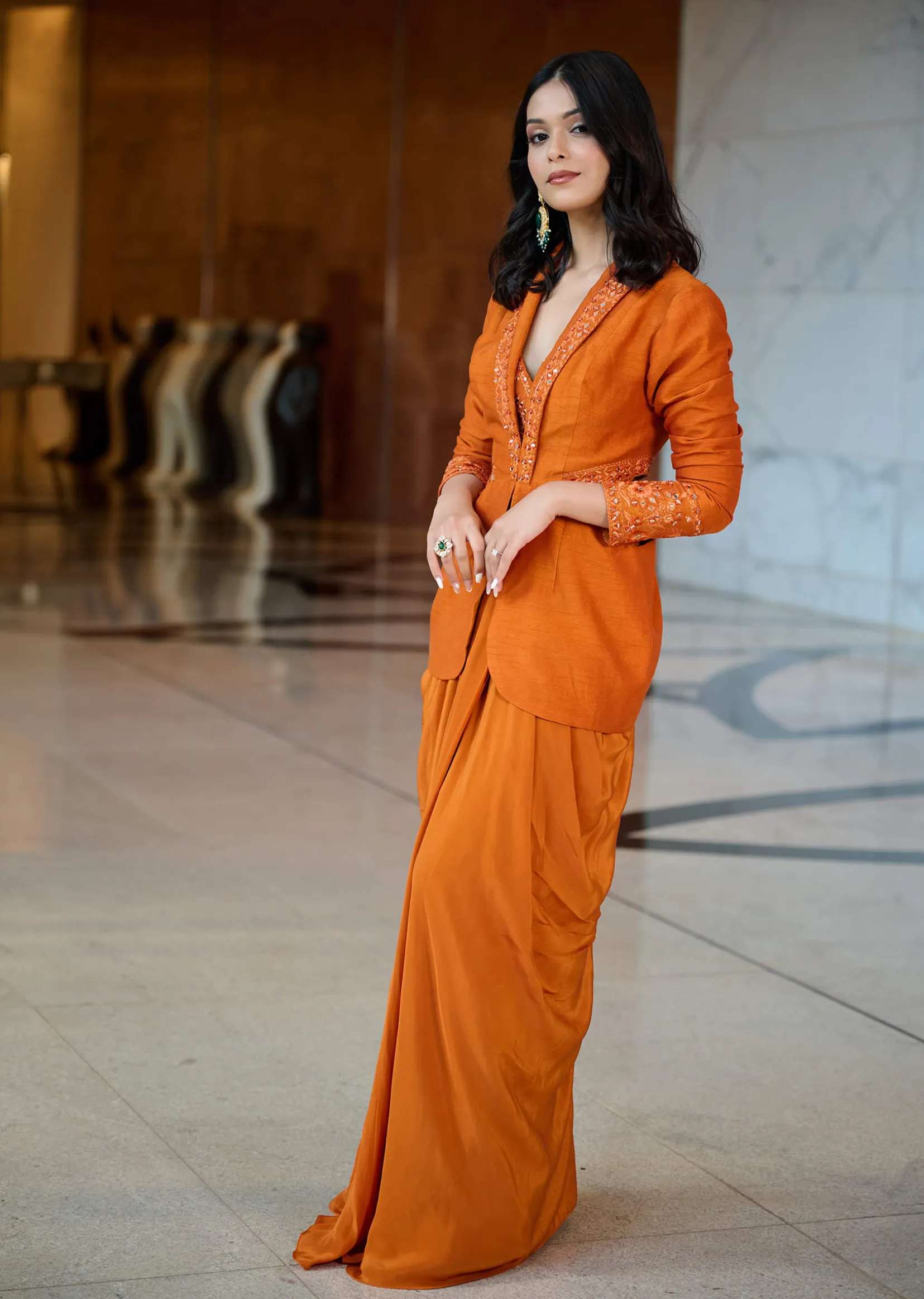 Rust Organza Jacket With Bustier And Draped Skirt