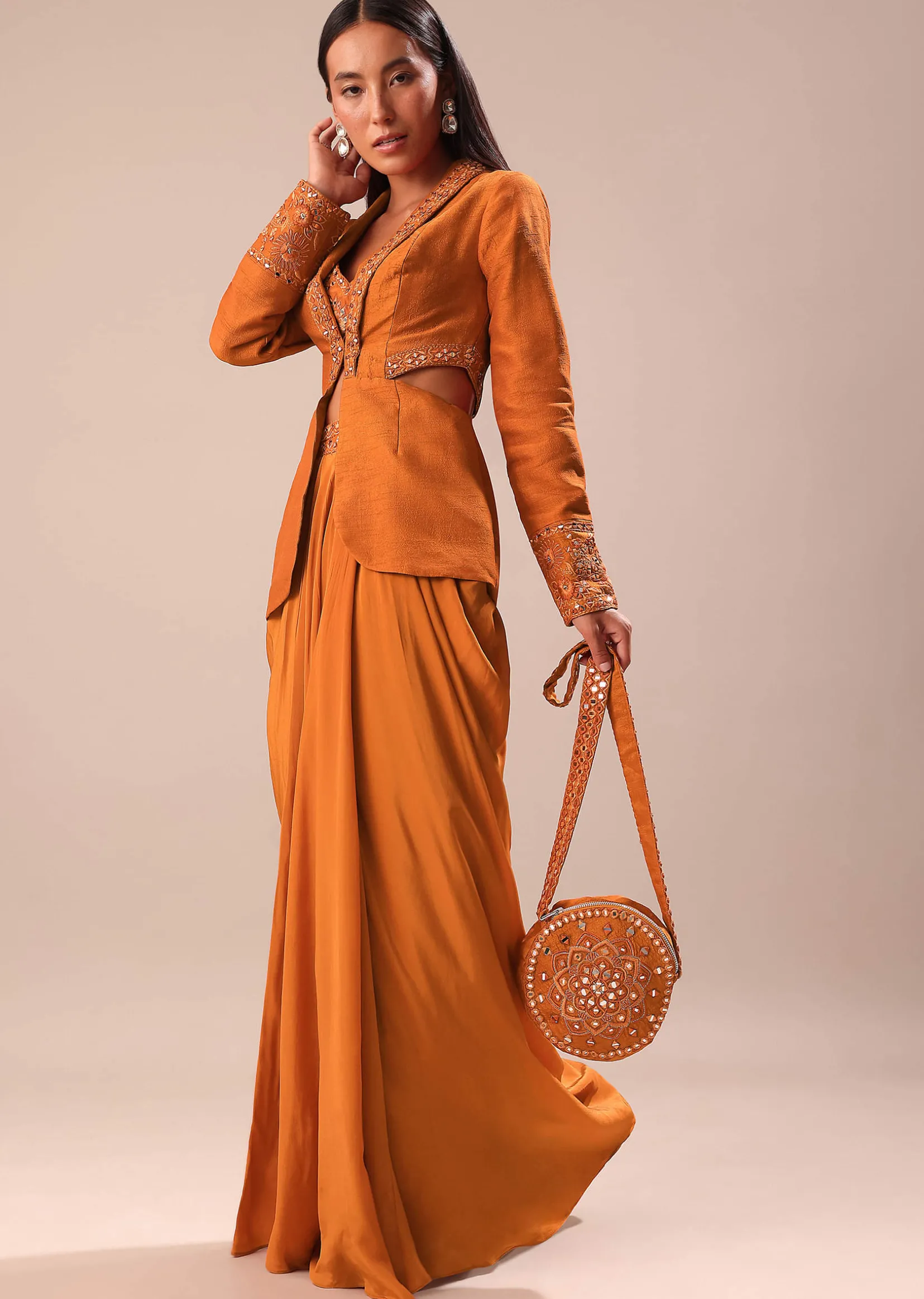Rust Organza Jacket With Bustier And Draped Skirt