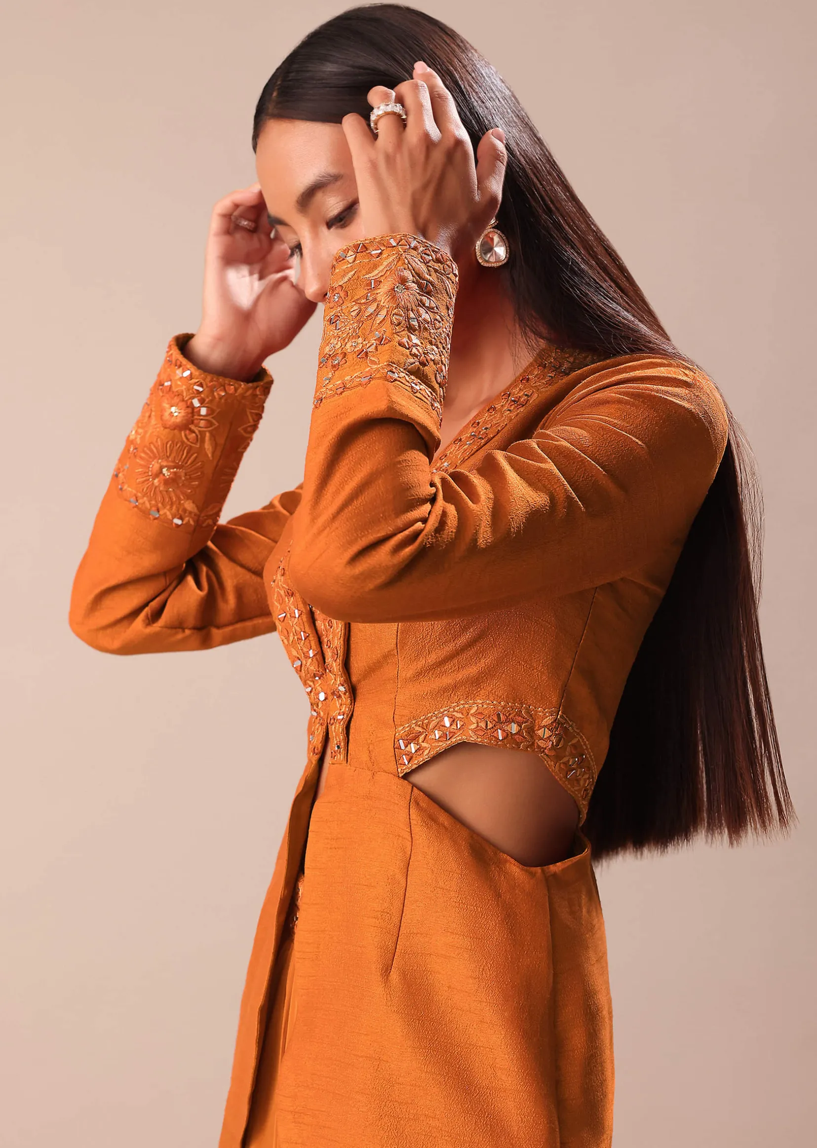 Rust Organza Jacket With Bustier And Draped Skirt
