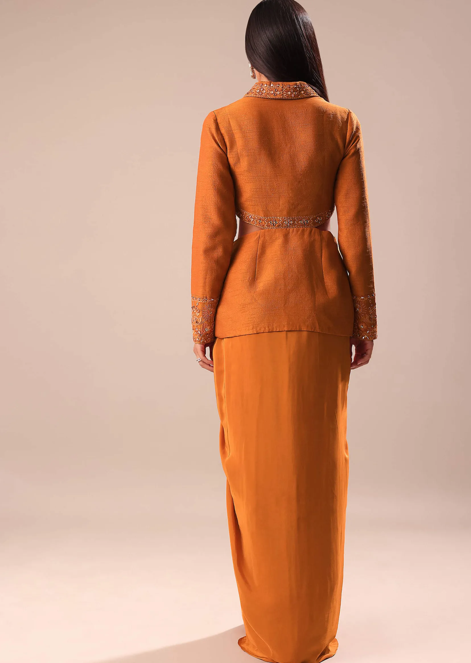 Rust Organza Jacket With Bustier And Draped Skirt