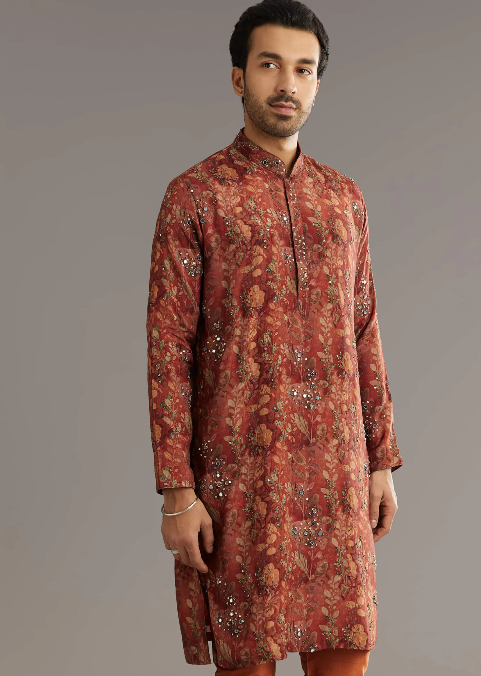 Rust Pashmina Silk Kurta Set With Stone Embellishment