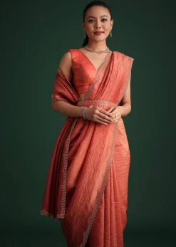 Rust Pink Crushed Tissue Saree With Diamond Work Border