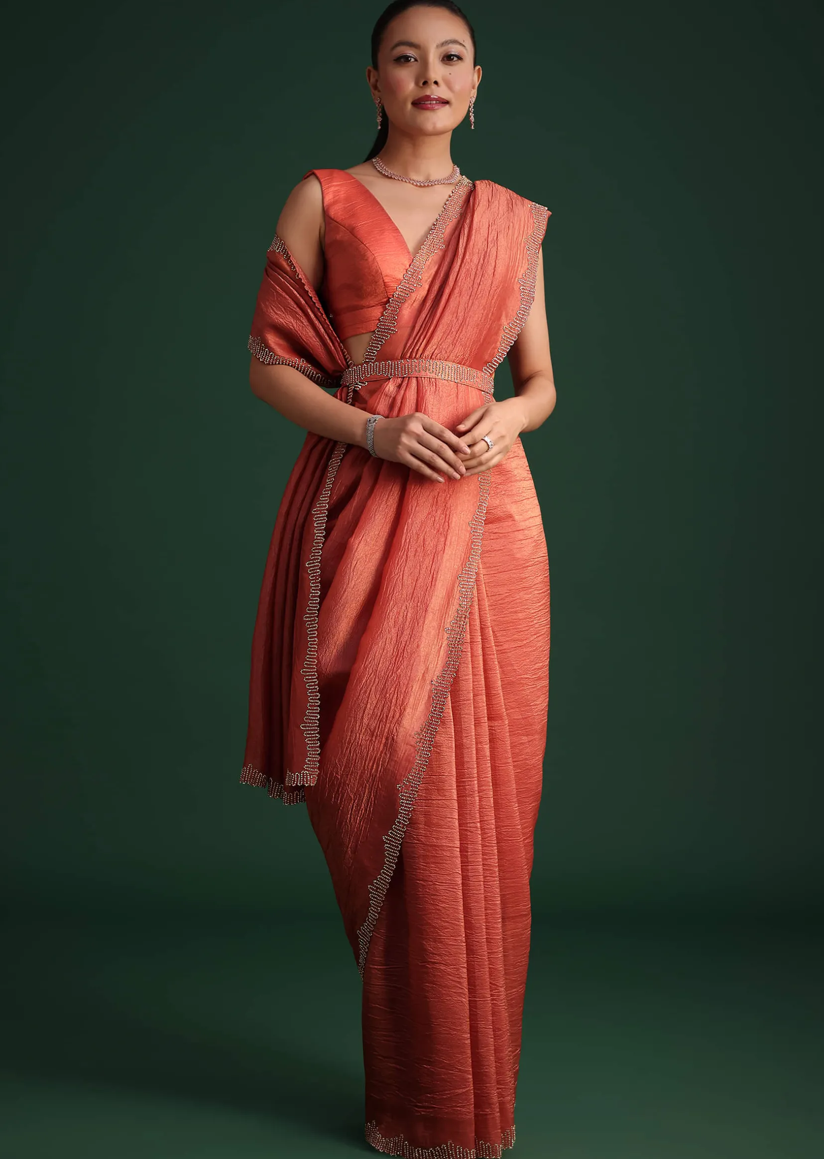 Rust Pink Crushed Tissue Saree With Diamond Work Border