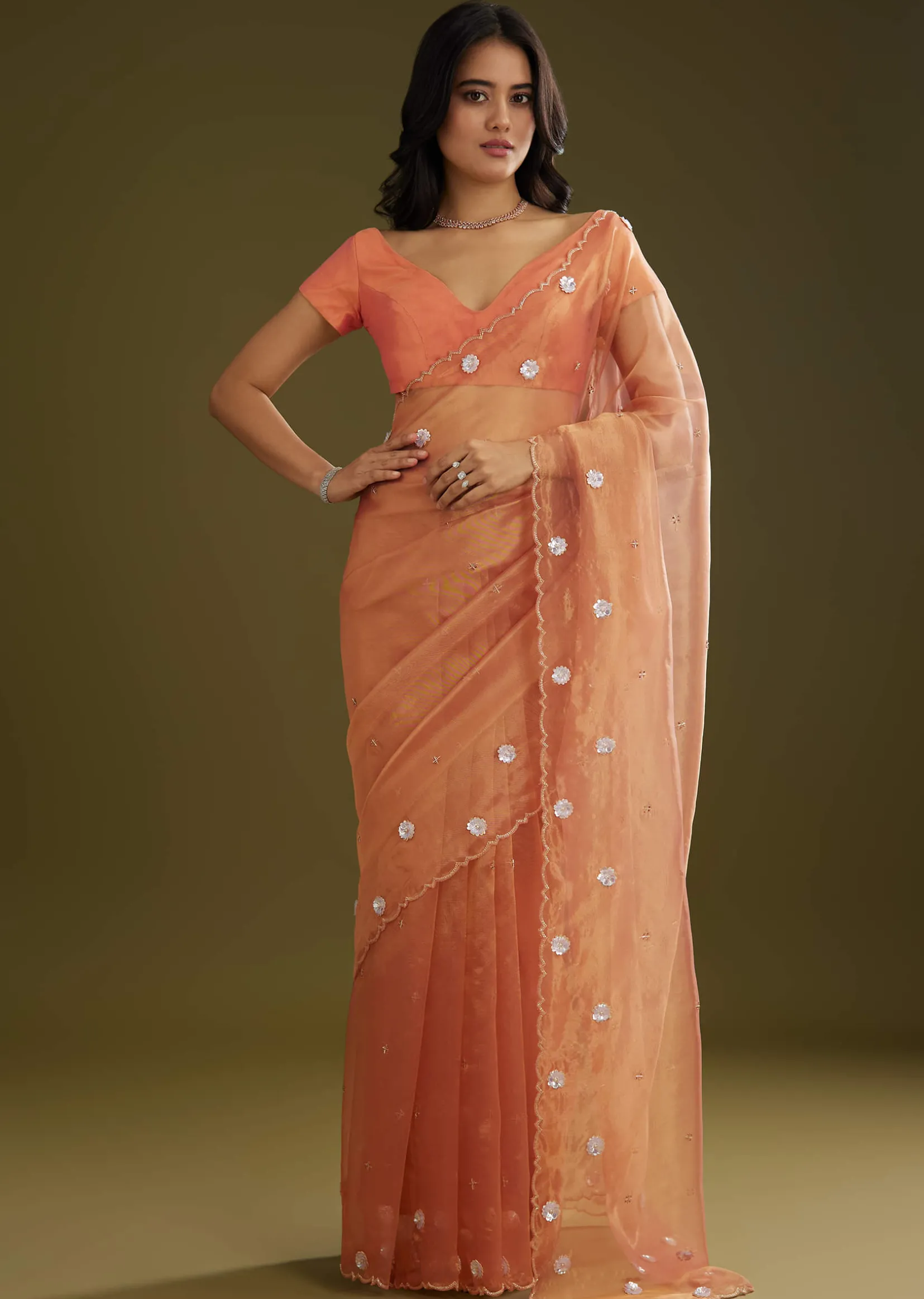 Rust Pink Tissue Floral Embroidered Saree With Cutdana Scallop Border