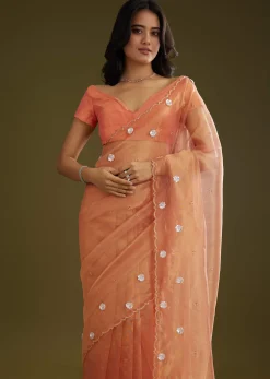 Rust Pink Tissue Floral Embroidered Saree With Cutdana Scallop Border