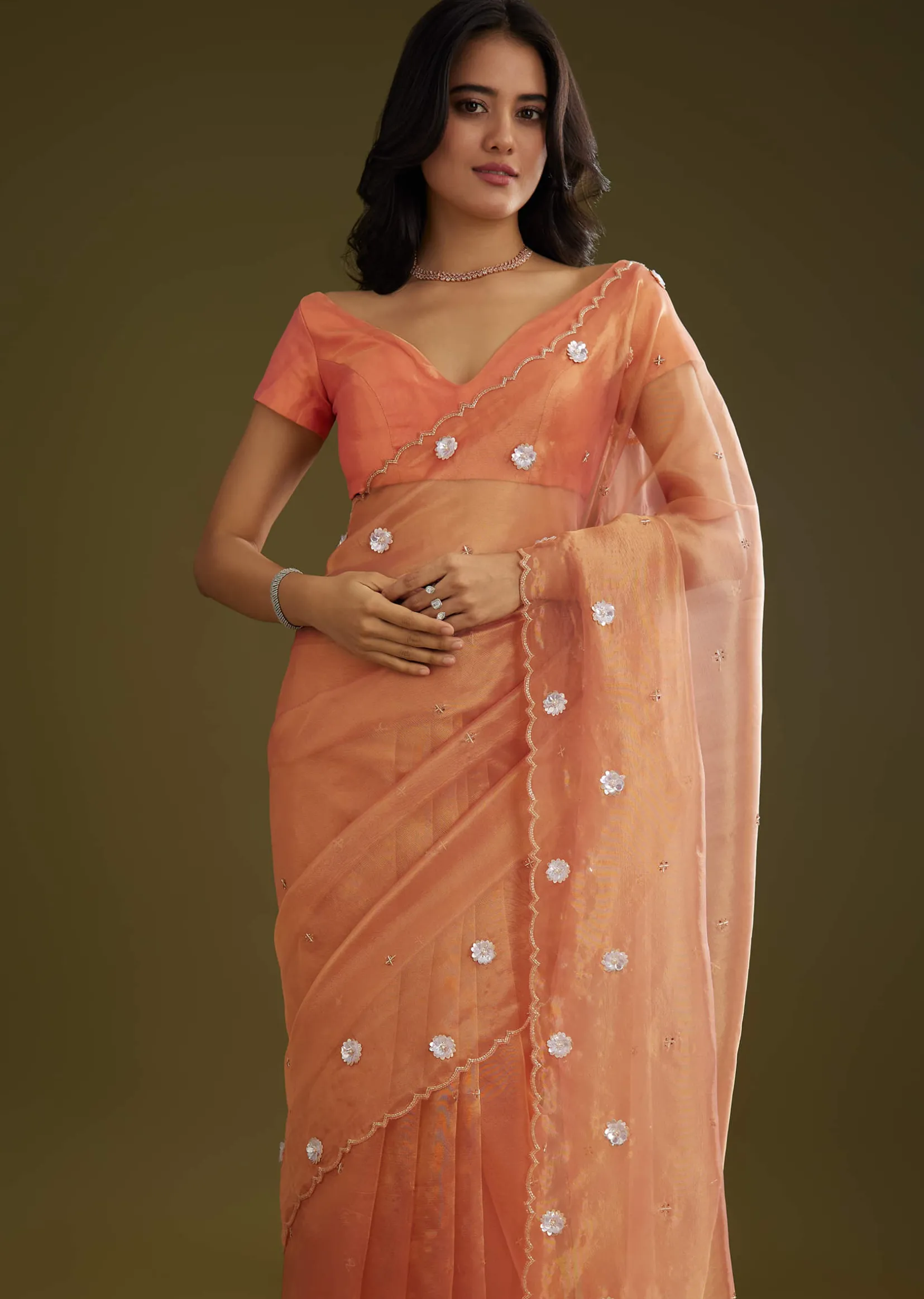 Rust Pink Tissue Floral Embroidered Saree With Cutdana Scallop Border