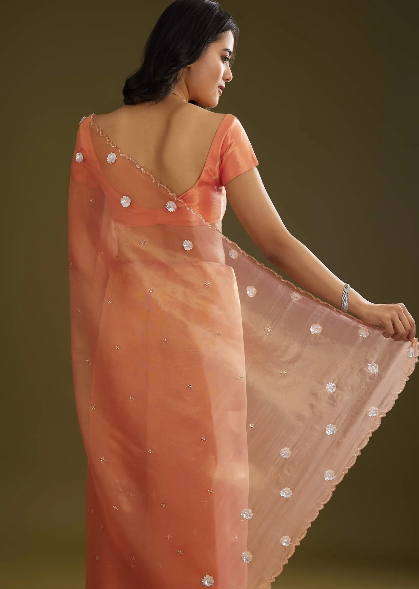 Rust Pink Tissue Floral Embroidered Saree With Cutdana Scallop Border
