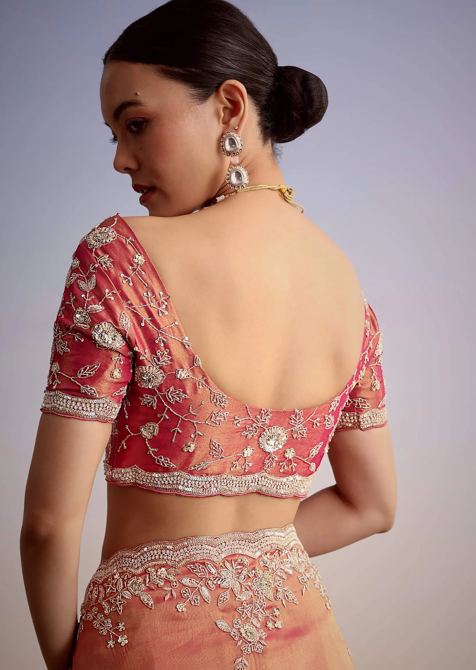 Rust Pink Tissue Saree With Zardosi Cutdana Embroidery