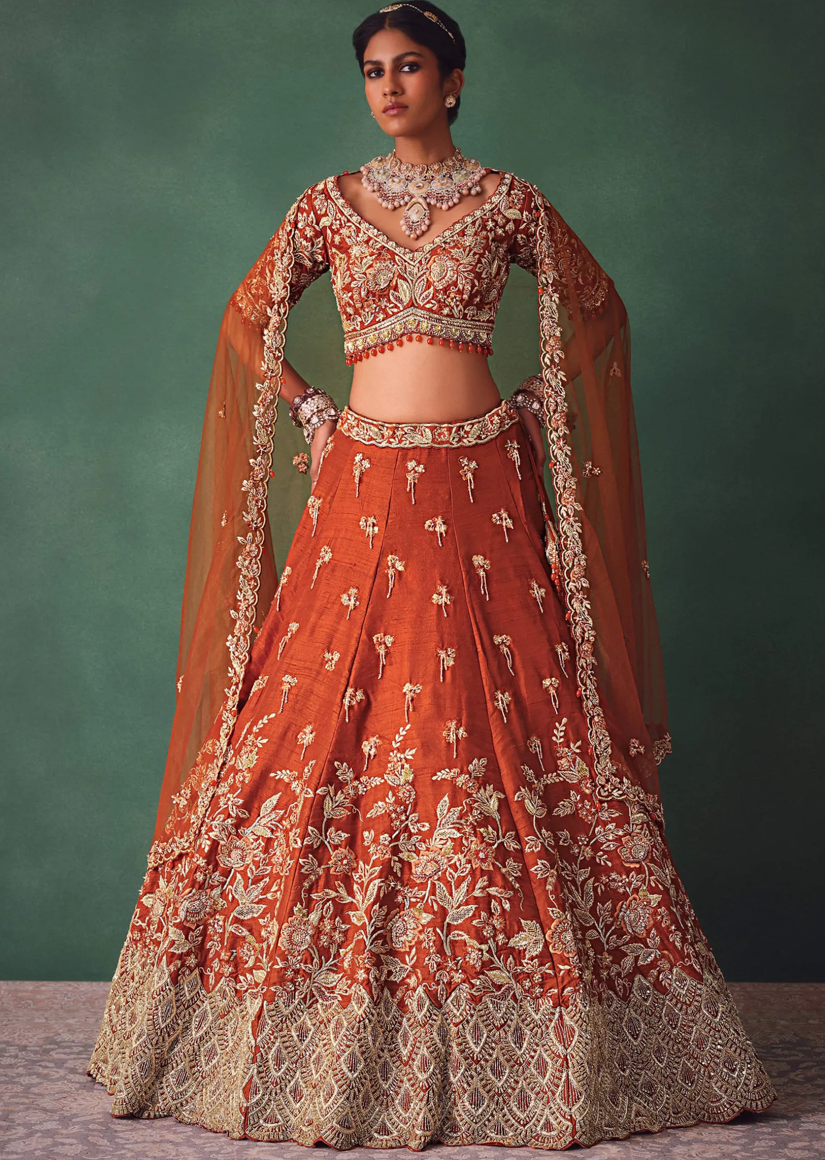 Rust Raw Silk Bridal Kali Lehenga With Embroidered Blouse And Dupatta