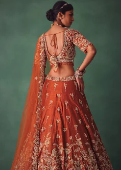 Rust Raw Silk Bridal Kali Lehenga With Embroidered Blouse And Dupatta