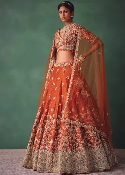 Rust Raw Silk Bridal Kali Lehenga With Embroidered Blouse And Dupatta