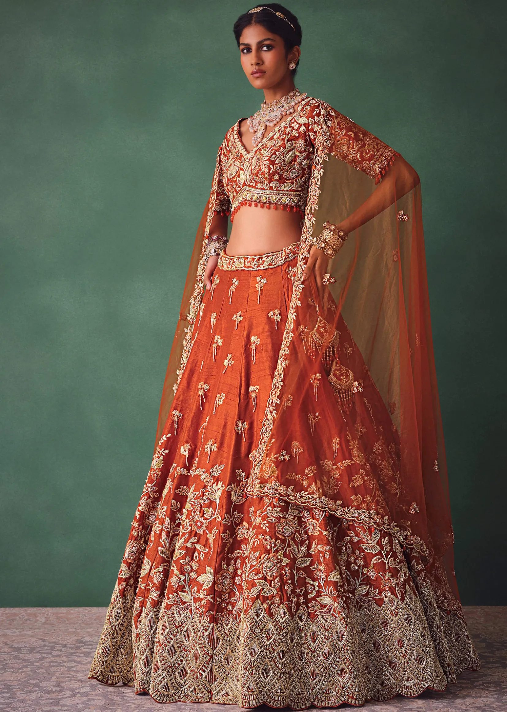 Rust Raw Silk Bridal Kali Lehenga With Embroidered Blouse And Dupatta