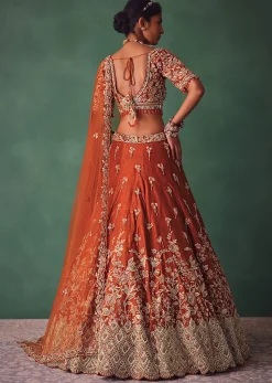 Rust Raw Silk Bridal Kali Lehenga With Embroidered Blouse And Dupatta