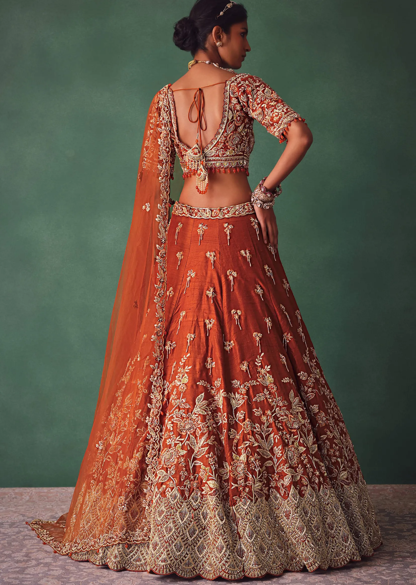 Rust Raw Silk Bridal Kali Lehenga With Embroidered Blouse And Dupatta