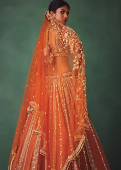 Rust Raw Silk Bridal Lehenga With Buti Work Dupatta