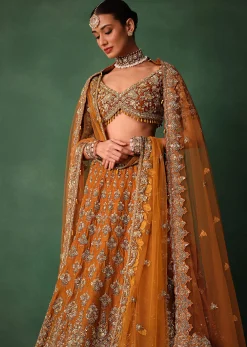 Rust Raw Silk Zardosi Embroidered Bridal Lehenga With Dupatta