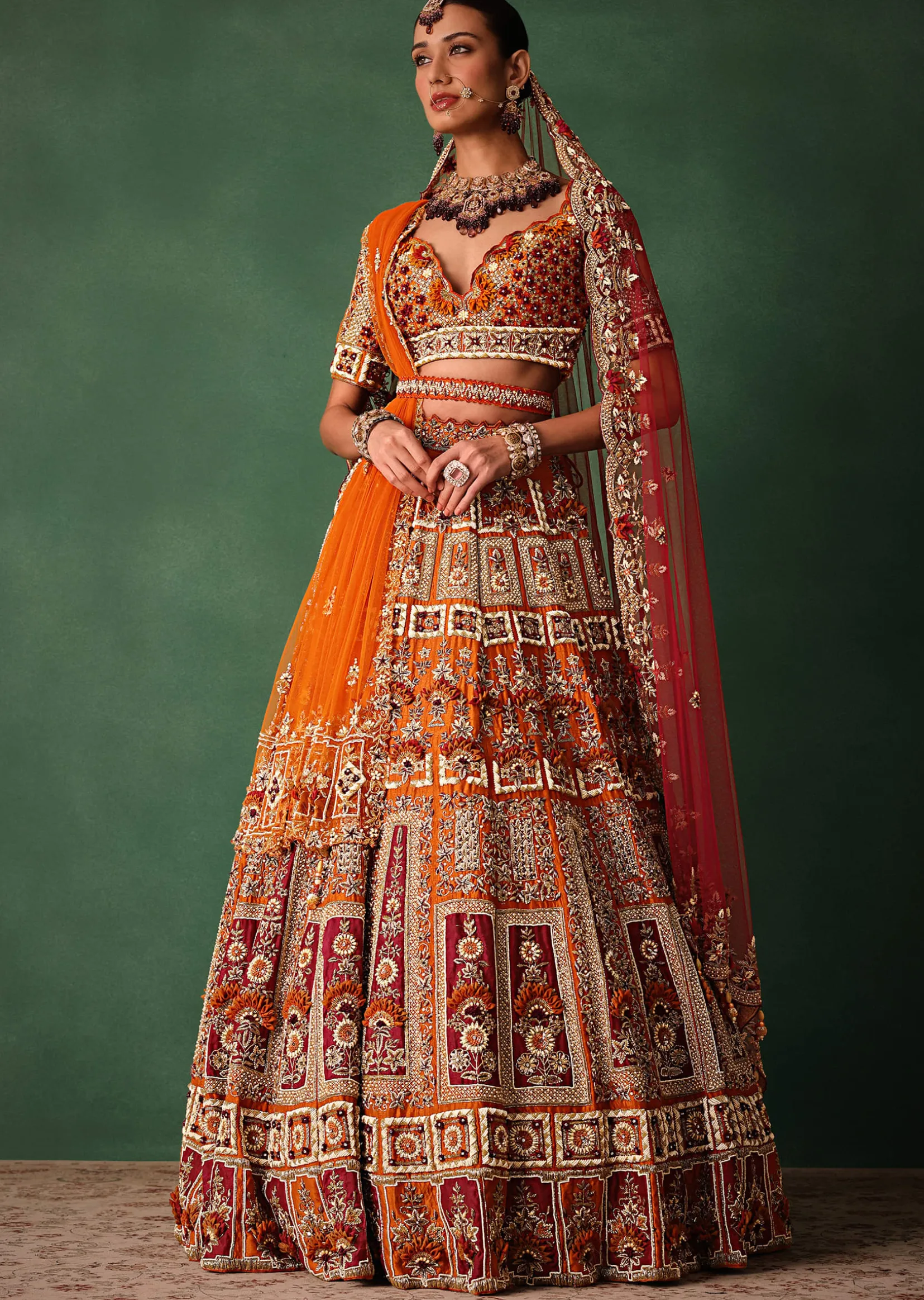 Rust Red Hand Work Bridal Lehenga With Deep Neckline Blouse And Dupatta