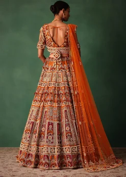 Rust Red Hand Work Bridal Lehenga With Deep Neckline Blouse And Dupatta