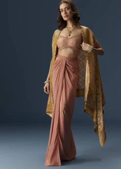 Rusty Pink Embroidered Blouse And Draped Skirt Set With Embellished Cape