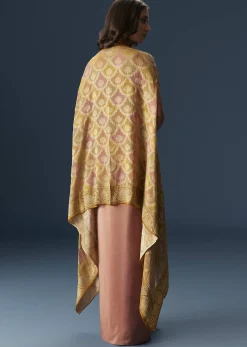 Rusty Pink Embroidered Blouse And Draped Skirt Set With Embellished Cape