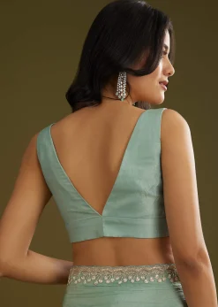 Sage Blue Crush Tissue Stone And Sequin Embroidered Saree With Scallop Border
