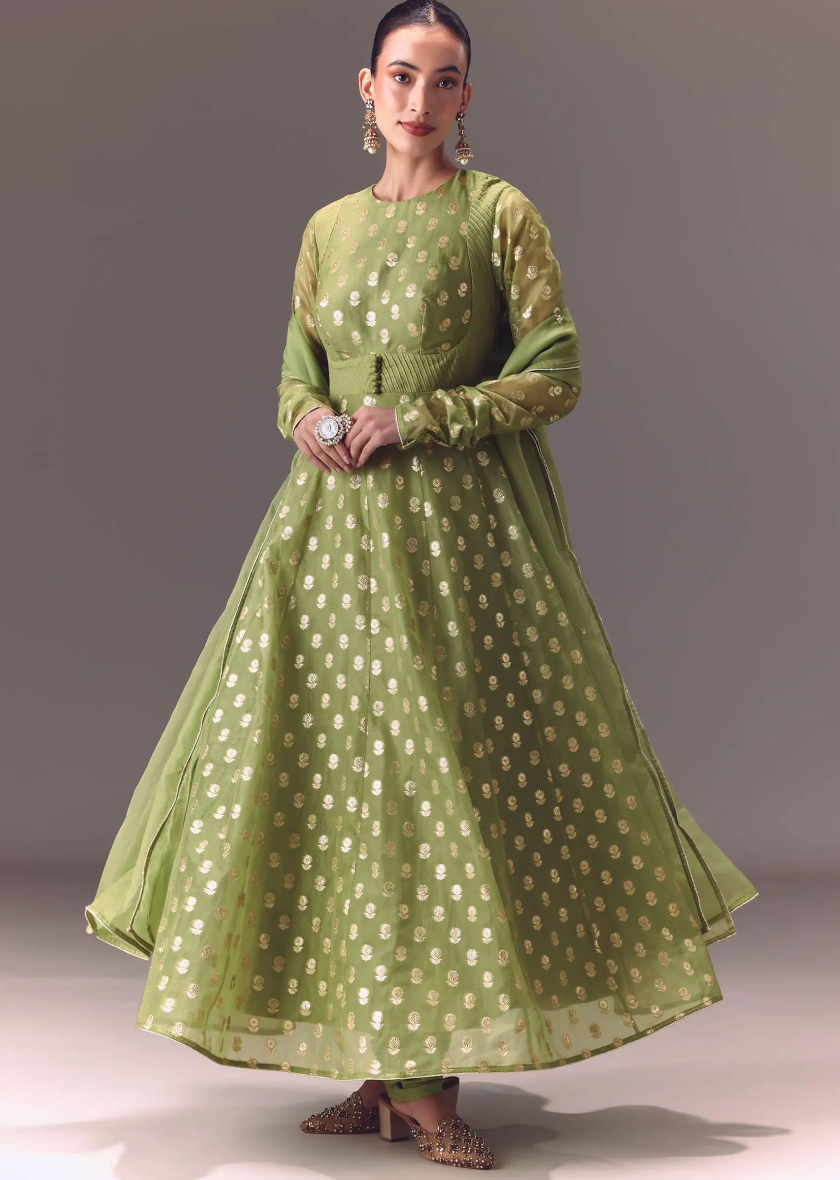Sage Green Anarkali With Dupatta And Churidar