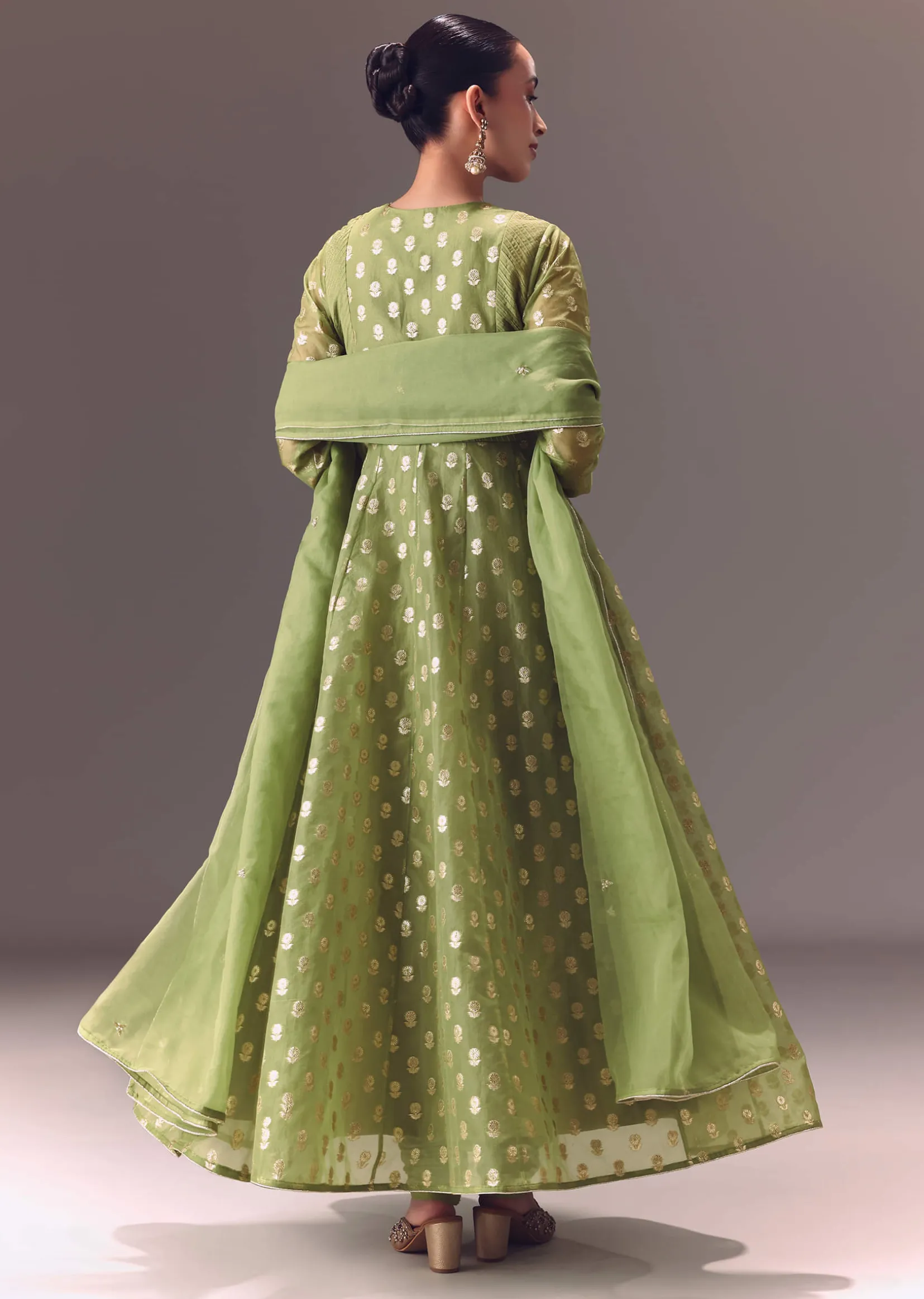 Sage Green Anarkali With Dupatta And Churidar