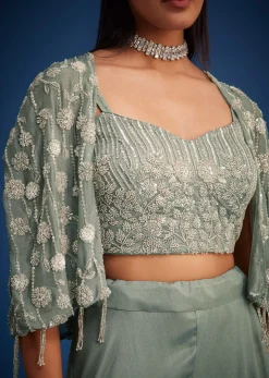 Sage Green Georgette Embroidered Cape Palazzo Set