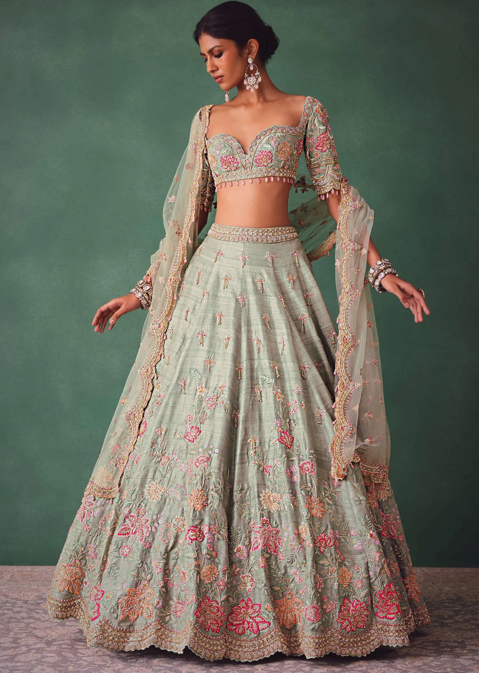 Sage Green Kali Lehenga With Embroidered Blouse And Dupatta