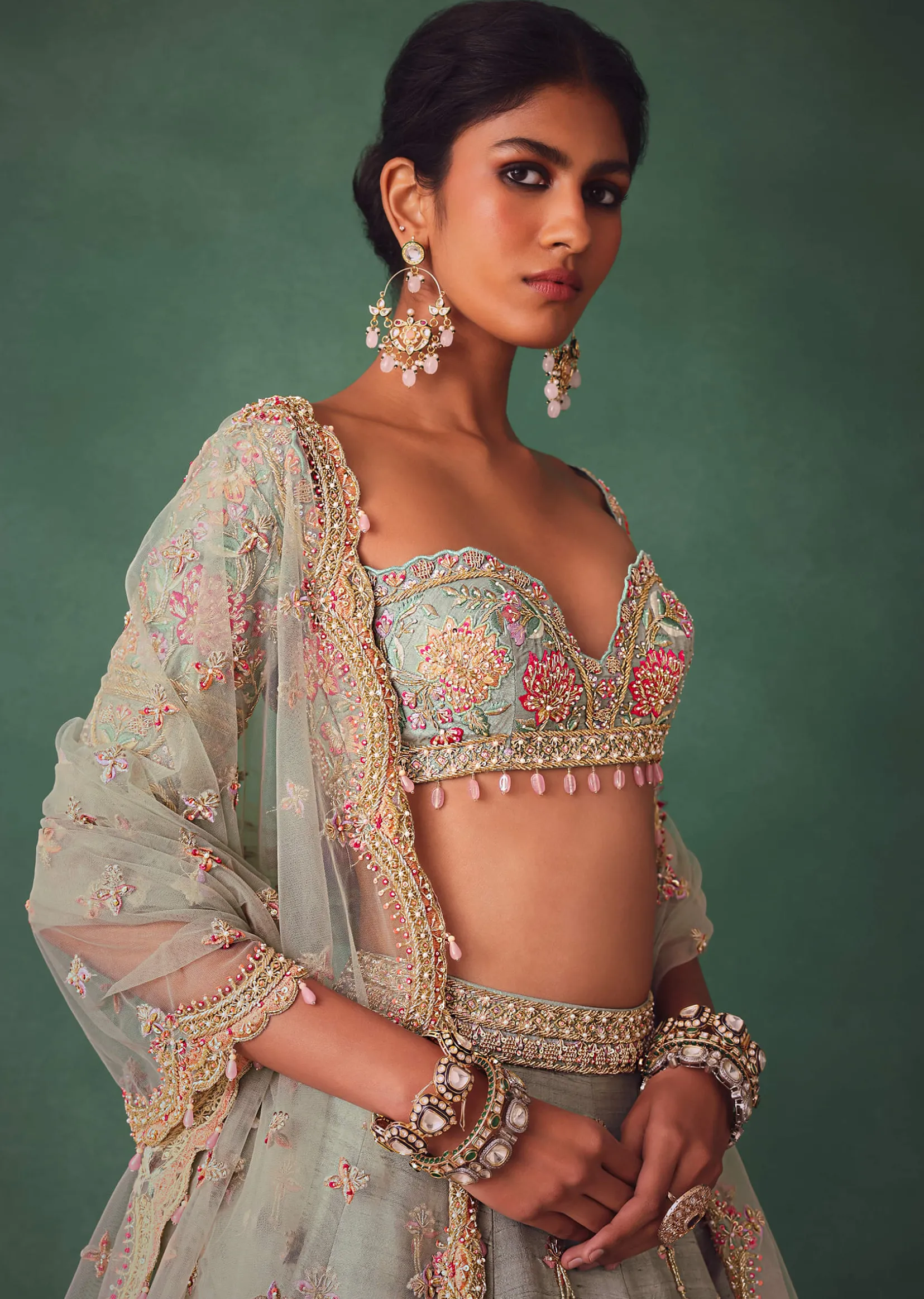 Sage Green Kali Lehenga With Embroidered Blouse And Dupatta
