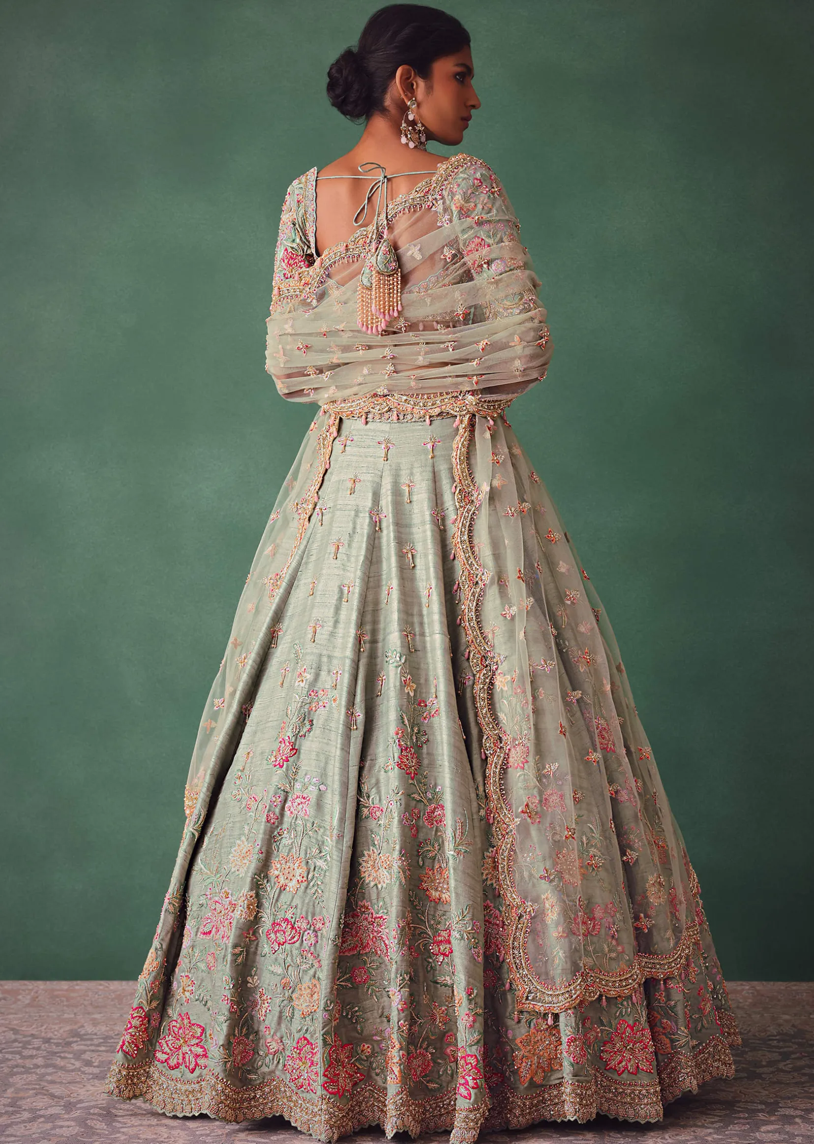 Sage Green Kali Lehenga With Embroidered Blouse And Dupatta
