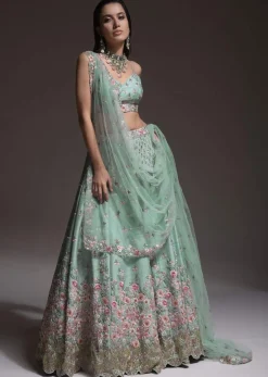 Sage Green Lehenga Choli In Raw Silk With Vibrant Resham Embroidered Cluster Of Summer Blooms And Buttis