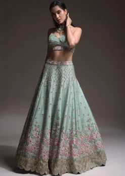 Sage Green Lehenga Choli In Raw Silk With Vibrant Resham Embroidered Cluster Of Summer Blooms And Buttis