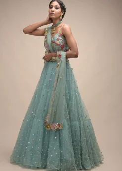 Sage Green Lehenga In Net With Flower Sequin Buttis And Resham Embroidered Crop Top