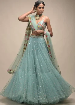 Sage Green Lehenga In Net With Flower Sequin Buttis And Resham Embroidered Crop Top