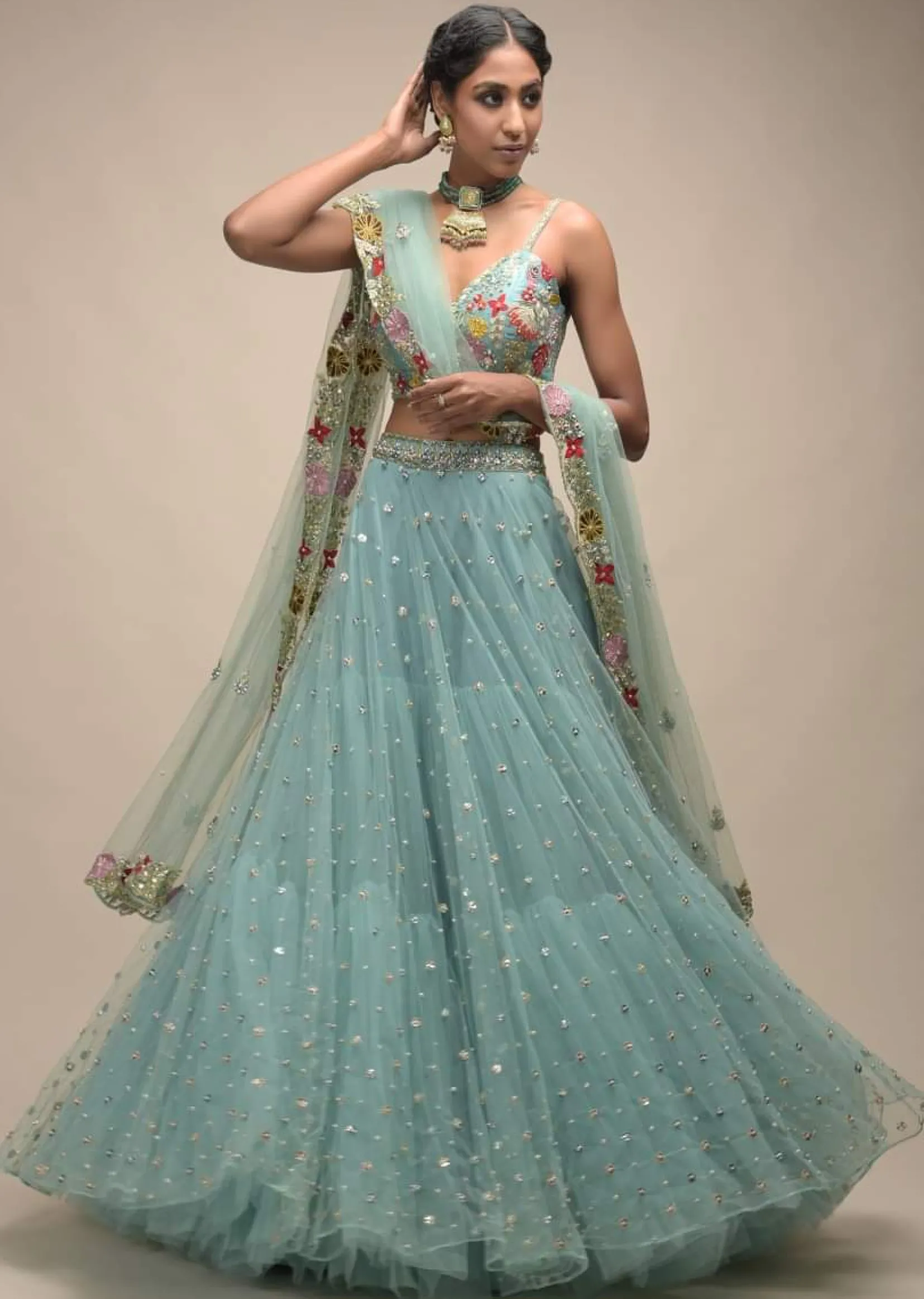 Sage Green Lehenga In Net With Flower Sequin Buttis And Resham Embroidered Crop Top