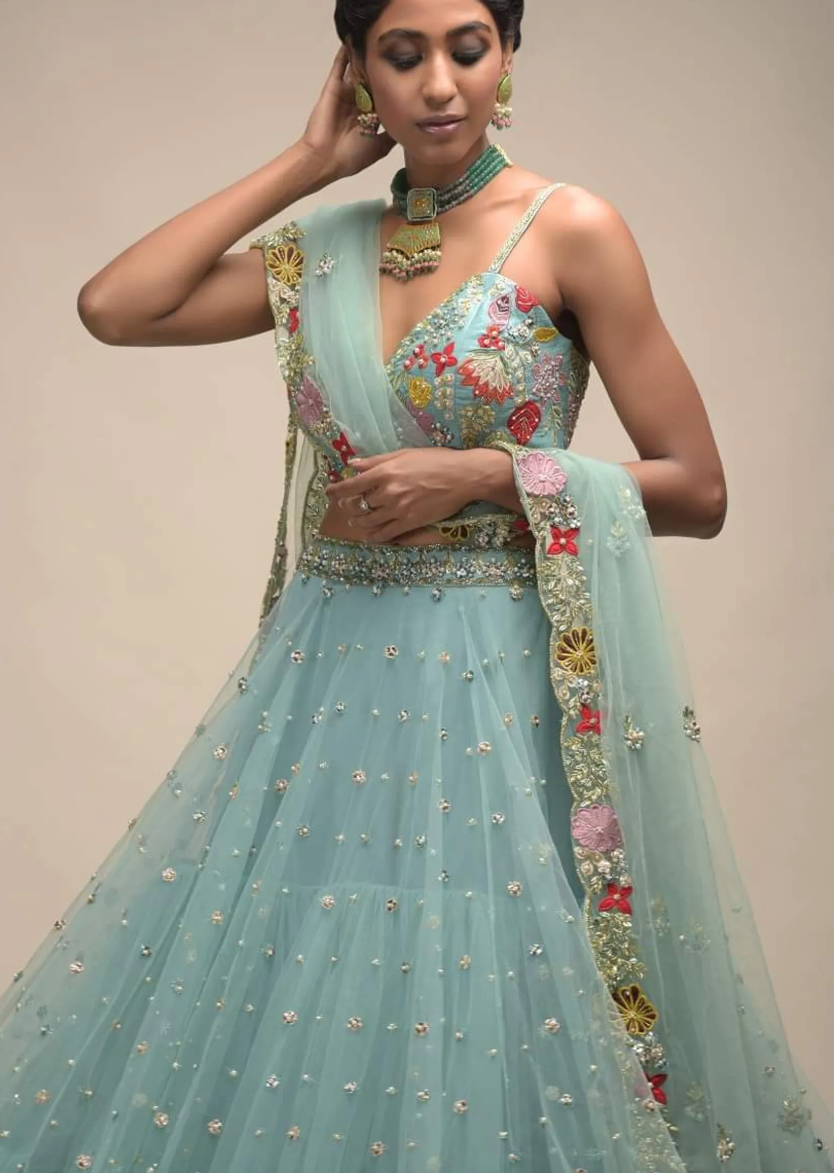 Sage Green Lehenga In Net With Flower Sequin Buttis And Resham Embroidered Crop Top