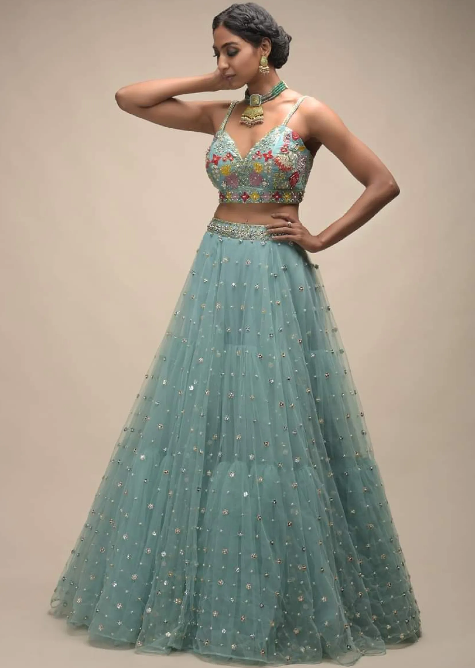 Sage Green Lehenga In Net With Flower Sequin Buttis And Resham Embroidered Crop Top