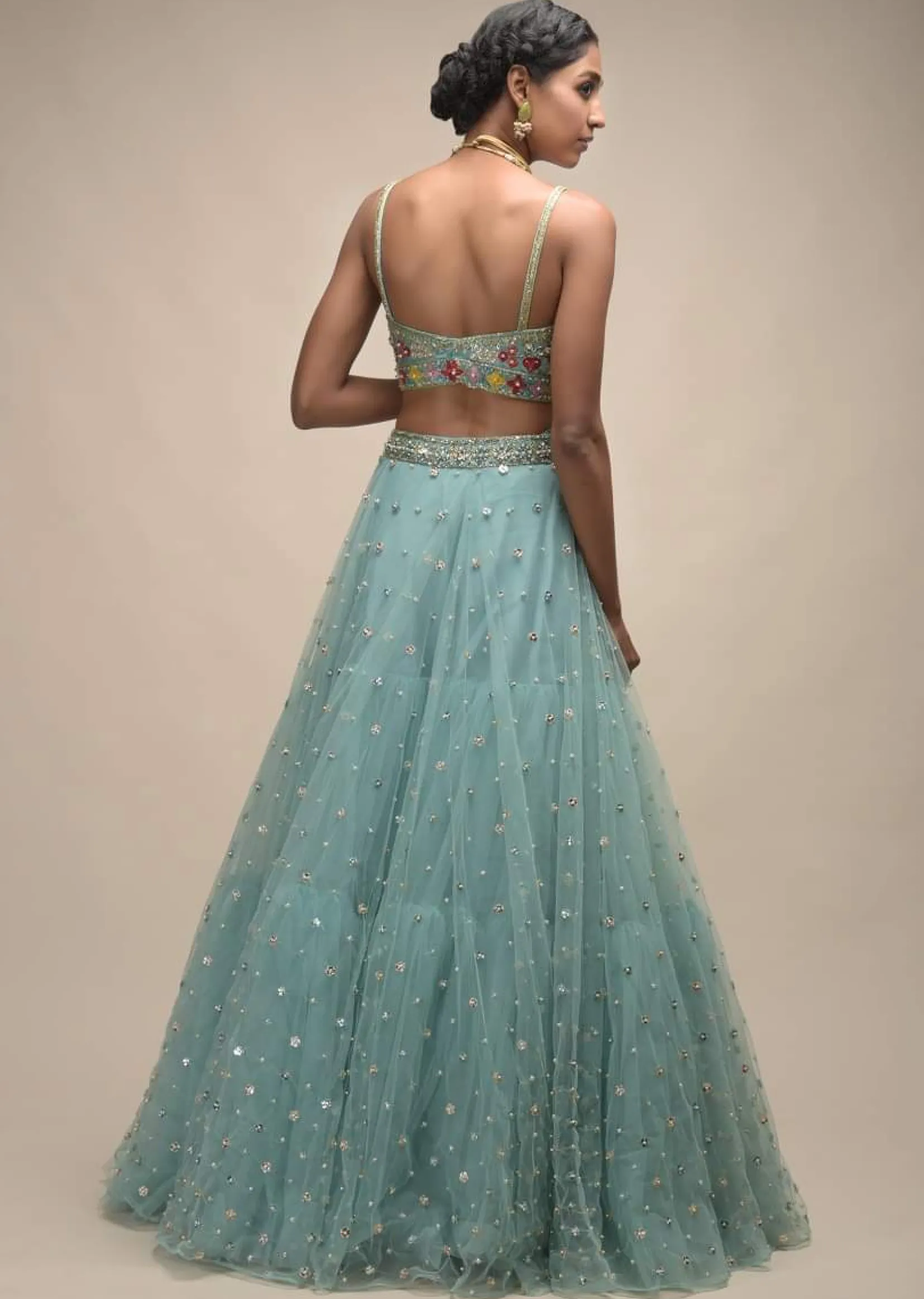 Sage Green Lehenga In Net With Flower Sequin Buttis And Resham Embroidered Crop Top